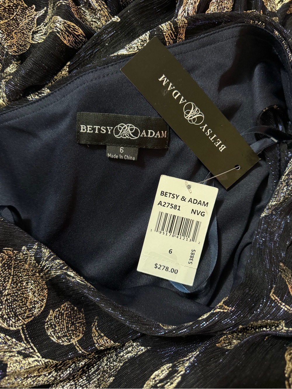 NWT Betsy & Adam Sz 6 Navy Gold Metallic Floral One-Shoulder Evening Gown $278 - Picture 9 of 9